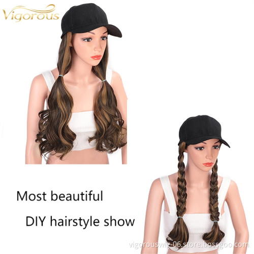 Synthetic wigs for black Women Long highlight Brown hair Baseball Hats Extensions body wave hair Wig